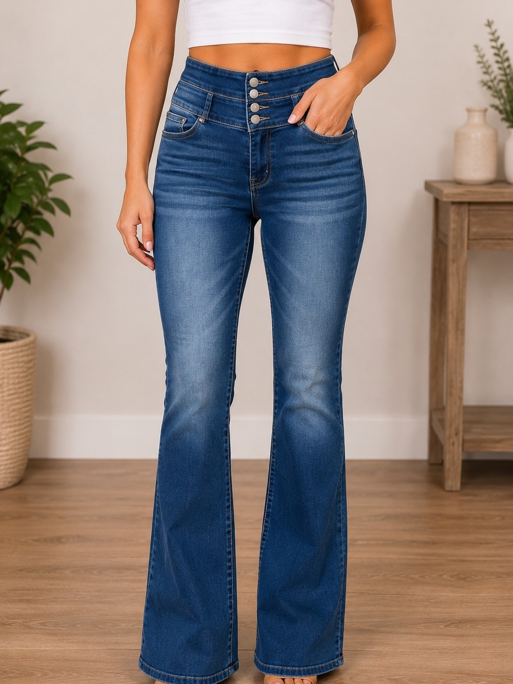 Mid-Rise Indigo Flare Jeans with Triple-Button Waist